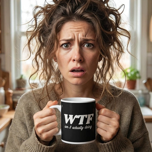 WTF Am I Doing Coffee Mug — Funny Black Ceramic Mug (11oz, 15oz)