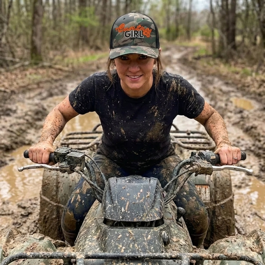 Cuntry Girl Camo Trucker Hat — Hunter Orange